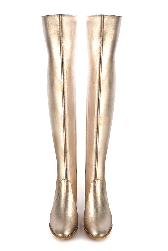 Tan beige women's leather thigh-high boots. Round toe. Medium block heels. Made to measure. Top view - Florence KOOIJMAN